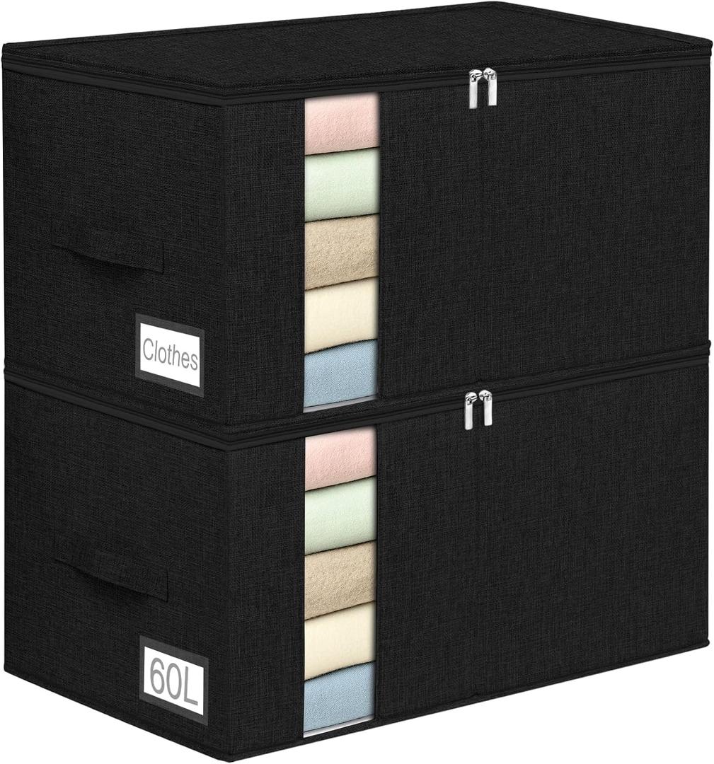 60L Comforter Storage Bag, Sturdy Construction Blanket Storage Bin w/Durable Handles, Foldable Storage Box w/Dual Zippers for Sheets Quilts Sweaters Bedding Sets Pillows, 2 Pack, Black