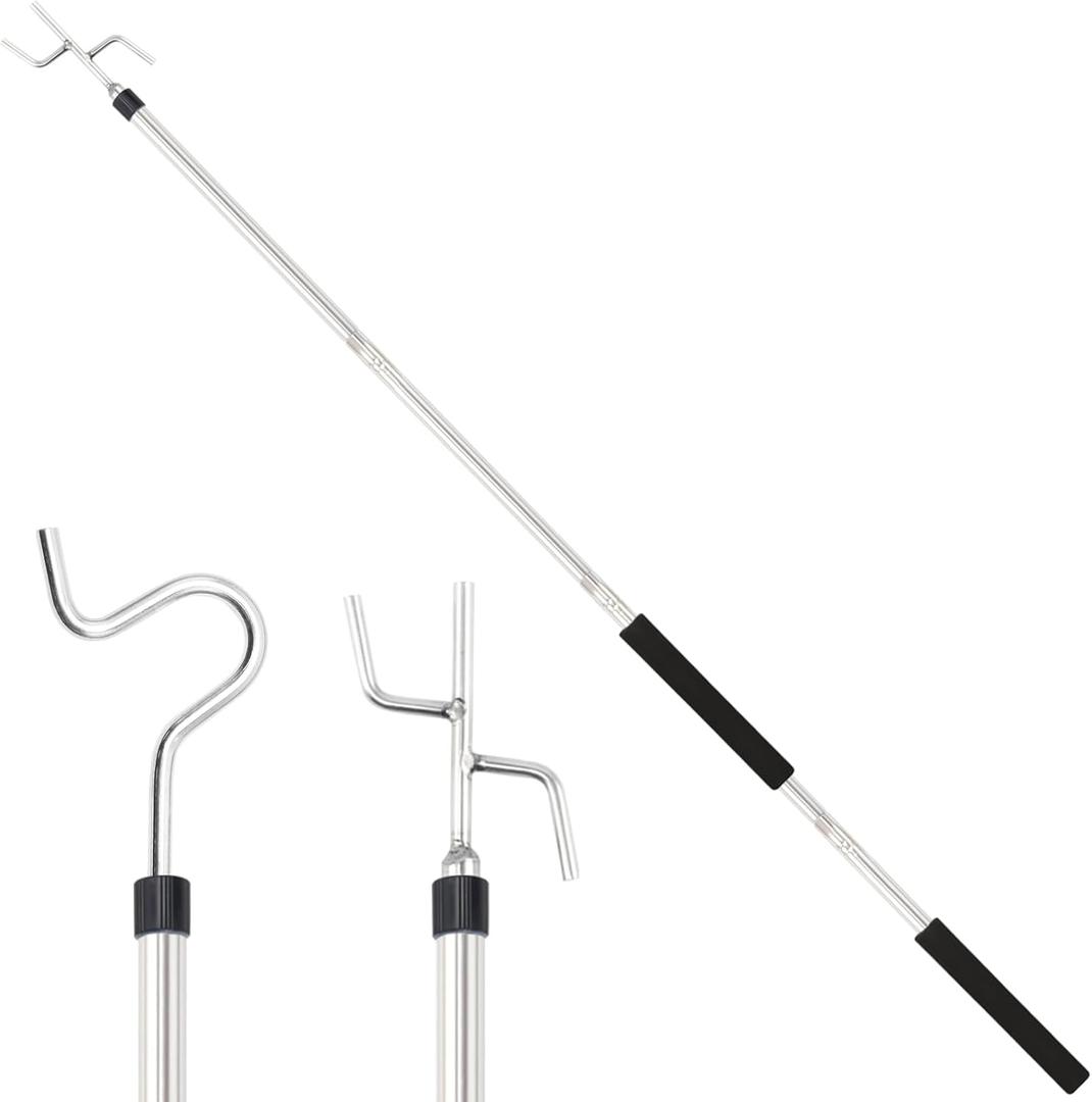 Clothes Hook Pole Heavy Duty,32 to 80Inch High Reach Garment Hook 2 Hooks for Hanging Birdfeeder Stainless Steels Tube Extension Pole with Hook for Reaching to Reach High Hangers