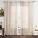 Extra Wide 100 Inch Linen Curtains for Living Room Divider Light Filtering Semi Sheer Back Tab Patio Curtains for Sliding Door Beige Coastal Decor Sunroom Floor to Ceiling Window Curtain 100x84
