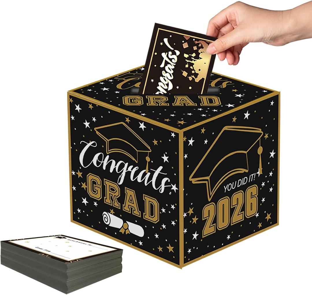 3 x 2026 Black Gold Graduation Card Box & 45 Advice Card Set - Congrats Grad Card Holder with Wishing Cards for Graduation Party Decor
