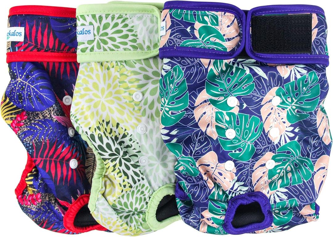 Leekalos Reusable Washable Dog Diapers Female (3 Pack) - Highly Absorbent Doggie Diapers - Size Adjustable Puppy Diapers for Dog Period Panties (Medium, Leaves) (Medium (12.5"-15" Waist), Leaves(Black Lining))