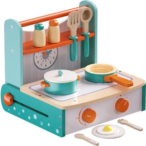 Dailyfunn Wooden Foldable &Portable Toy Stove Pretend Kitchen Play Set with Cooking Accessories