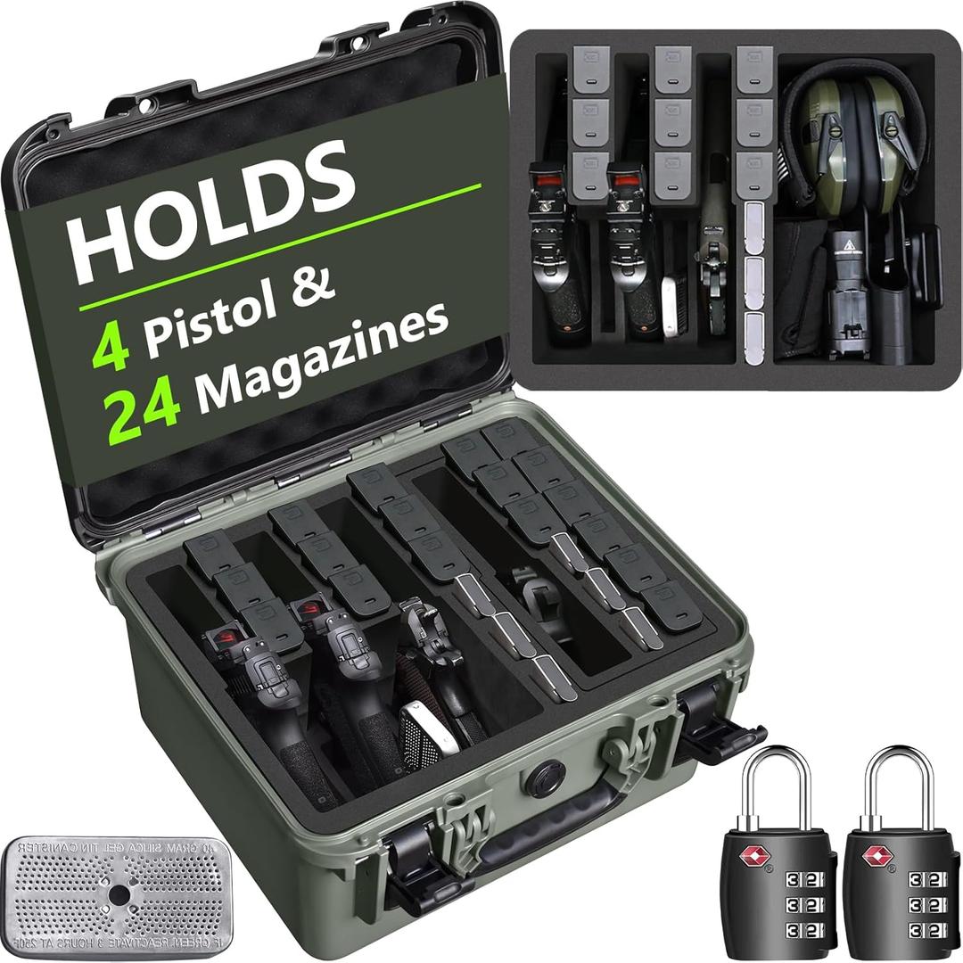 Pistol Gun Case for Multiple Handguns  TSA Approved Travel Pistol Case with 2 TSA Locks, Pre-cut Heavy Duty Waterproof Hard Shell Gun Case with Silica Gel Canister