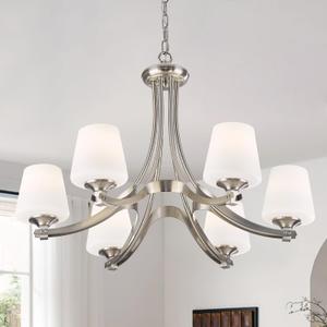 6-Light Brushed Nickel Chandeliers for Dining Room with Frosted Glass 47.2" Adjustable Silver Pendant Ceiling Lighting Rustic Vintage Hanging Lamp for Farmhouse Kitchen Island Dining Table Living Room, Medium-6 Light