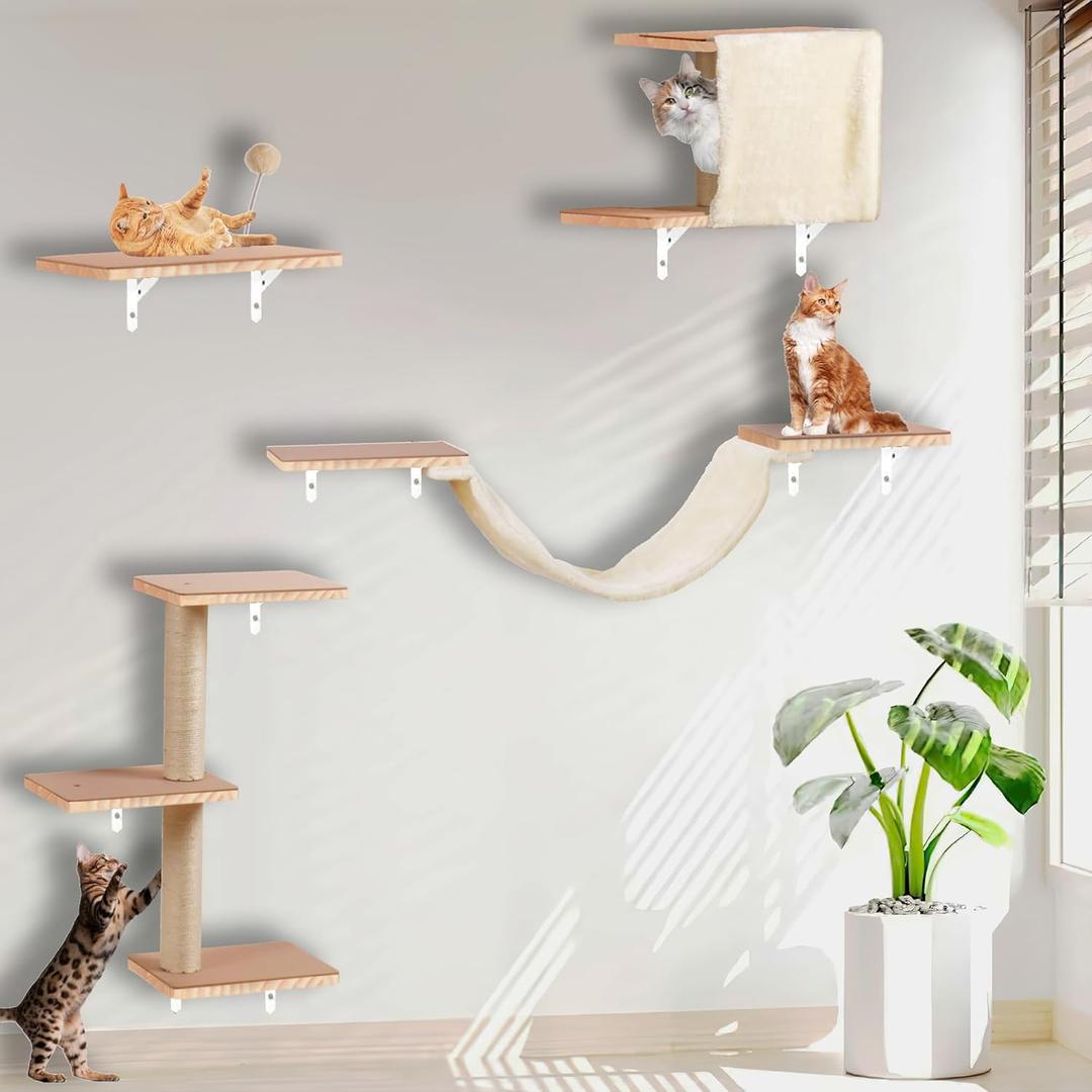 Cat Shelves for WallSolid Wood Cat Wall Furniture with Scratching Post, Hammock, Jumping Boards, Steps, Condo and Felt Pads, Suit for Cats Climb, Jump, Nap, Scratch-Beige