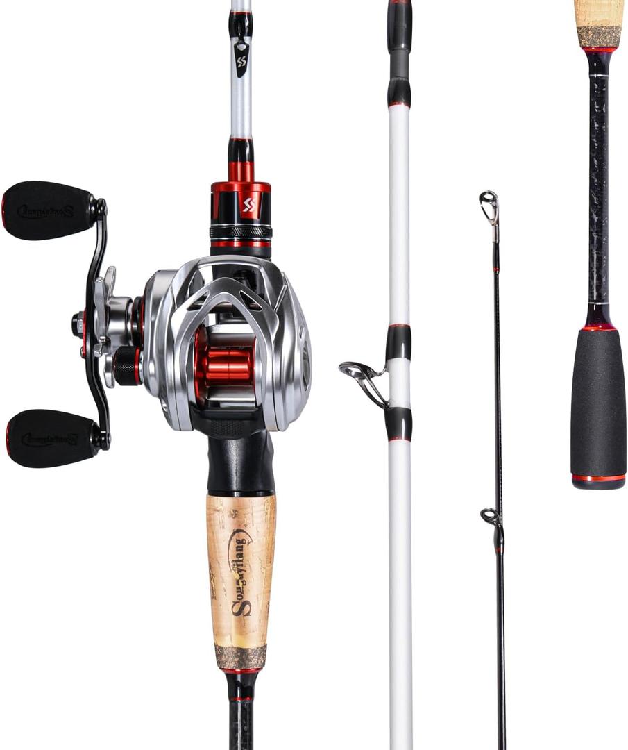Sougayilang Baitcaster Combo, 2Pcs Fishing Rod and Reel Combo, Medium Heavy Fishing Pole with Baitcasting Reel Combo (5.9 FT-MH-Fast-Rod, B: Pearl White-Left Handed Reel Combo)