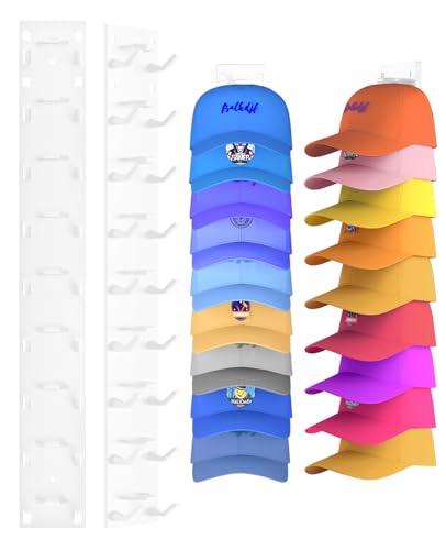2 Pack Hat Organizer for Baseball Caps, Strong Adhesive Hat Rack for Wall, Multilayer Hat Storage Display Holder, Wall Mounted Hats Hooks Hold up to 18 Hats for Closet Door and Bedroom (White)