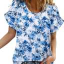 CRAZY GRID Women's Shirts Summer Casual Crewneck Ruffle Short Sleeve Blouses Cute Floral Print Tunic Tops (S)