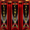 Tegeme Movie Night Porch Sign Banner Movie Theme Party Decorations Theater Welcome Now Showing Lights Camera Action Hanging Porch Sign for Home Film Backdrop Party Supplies (Delicate,Red and Black)