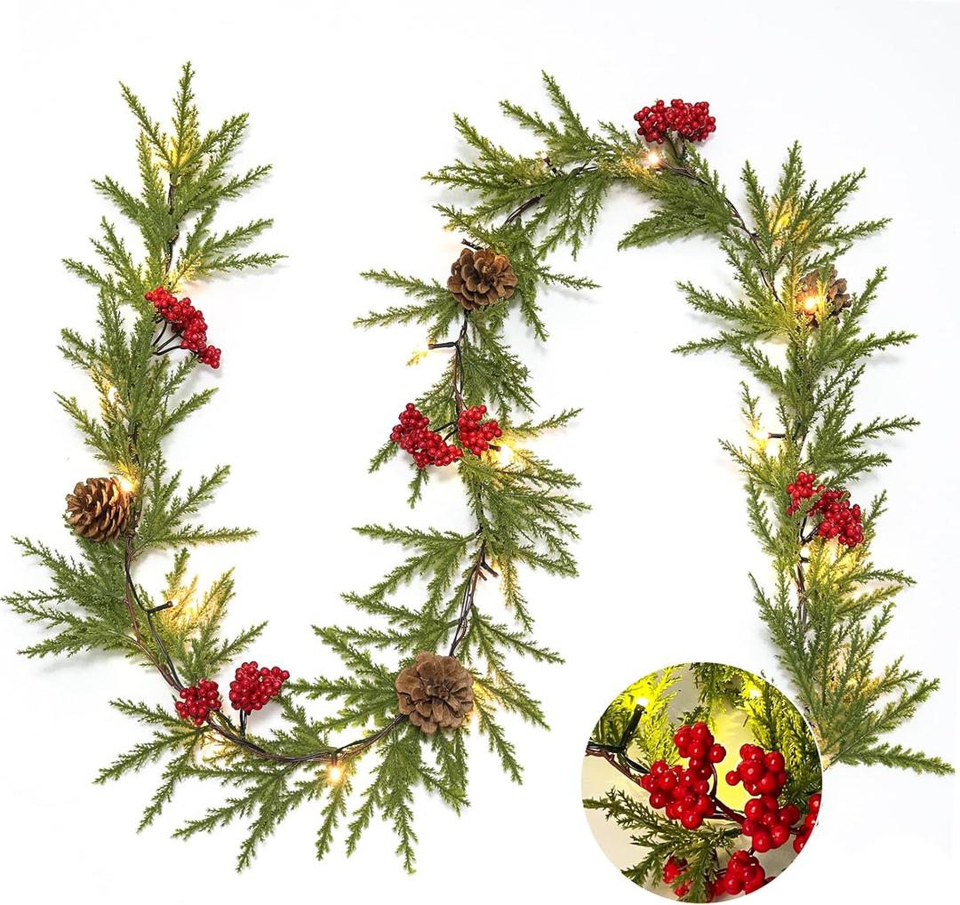 RECUTMS 6.5Ft Christmas Garland Decorations with Lights Artificial Red Berries and Pinecones Xmas Decorations for Home Wall Decor Red Berries