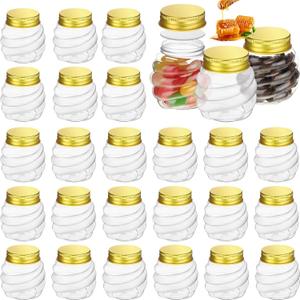 Suclain 25 Pcs 4 oz Mini Honey Jars Party Favors in Bulk Honeycomb Plastic Jars with Gold Lids Wide Mouth Canning Small Containers for Wedding Favors, Baby Shower DIY Gift Jelly Herb Jams Candy