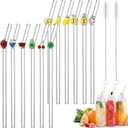 Honeydak 12 Pcs Glass Straws with Design Reusable Cute Fruit Drinking Straws 7.9in x 8mm Colorful Party Favors Decorations with 2 Cleaning Brushes