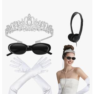 Semato Princess Costume Accessories for Women Princess Bachelorette Party Crown with White Long Gloves and Sunglasses Set Size M