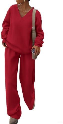 PRETTYGARDEN Casual Winter Two Piece Sets for Women 2025 V Neck Sweatshirt Loose Wide Leg Pants Tracksuit Knit Fall Outfits M
