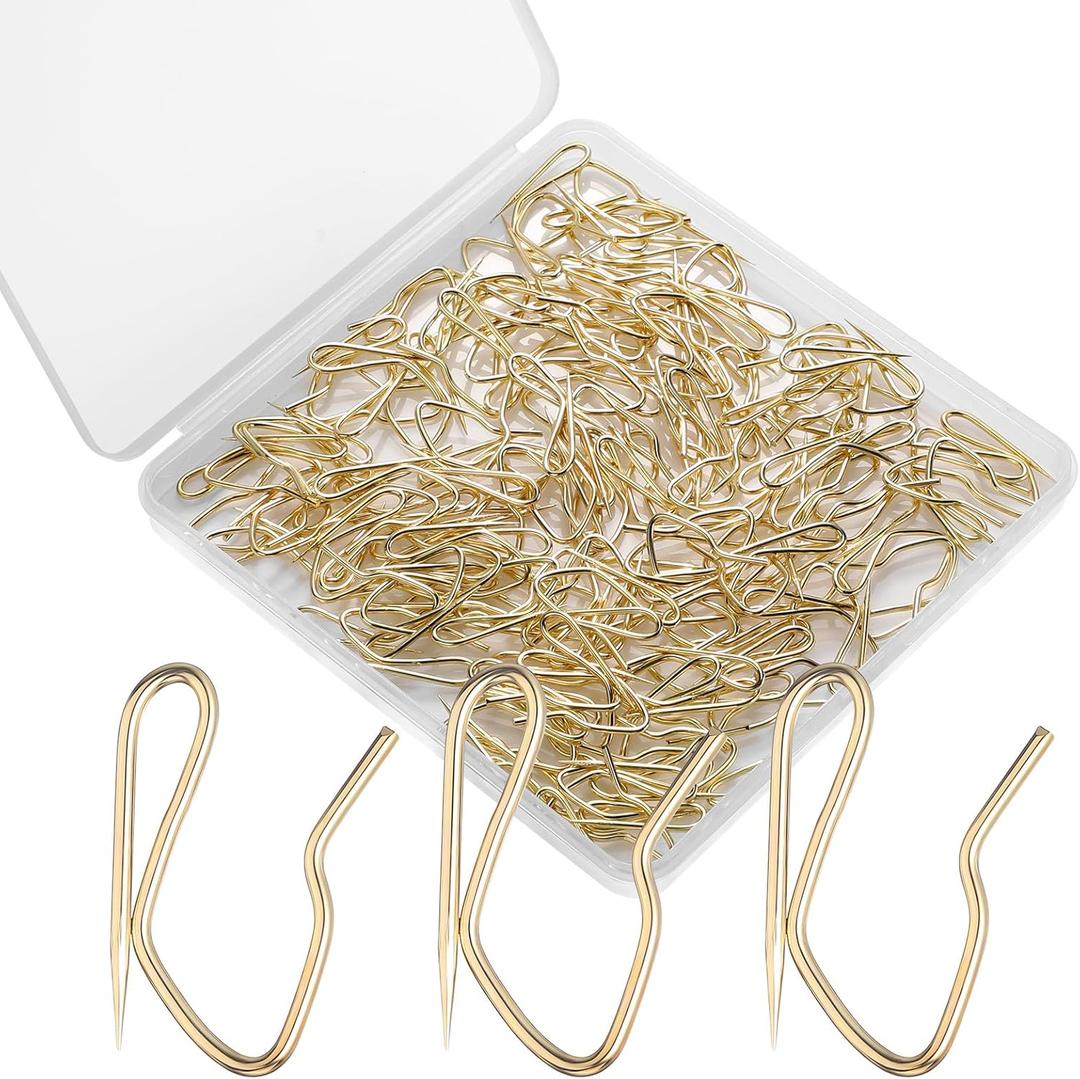120 Pack Drapery Hooks Pins for Curtains, Metal Curtain Hooks Pins for Drapes Pinch Pleat Hooks with Clear Box 1.2 Inch for Window Curtain, Door Curtain and Shower Curtain (Gold)