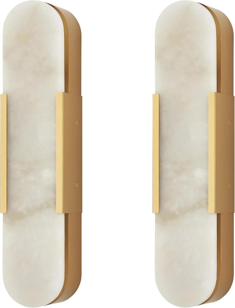 Modern Gold Wall Sconces Set of 2, Marble Sconce Wall Light Fixtures for Living Room, Alabaster Sconce Lighting for Bedroom Farmhouse Bathroom