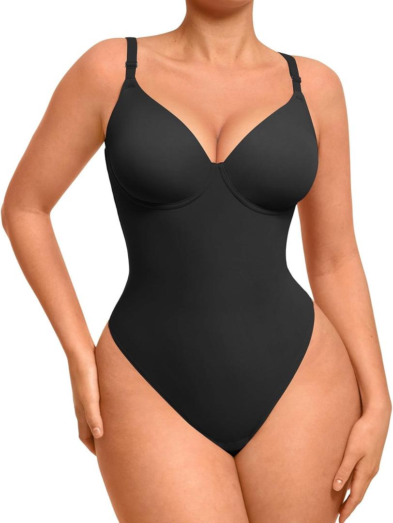 FeelinGirl Shapewear Bodysuits for Women Tummy Control, Thong Body Suit Deep V Neck Corset Top Body Shaper (Small, Black)