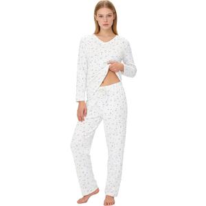 LYCY Womens Soft Stretch Pajama Set, Long Sleeve Rib Knit Sleepwear, Cozy Breathable 2-Piece Pjs Set with Bow Print (White, M)