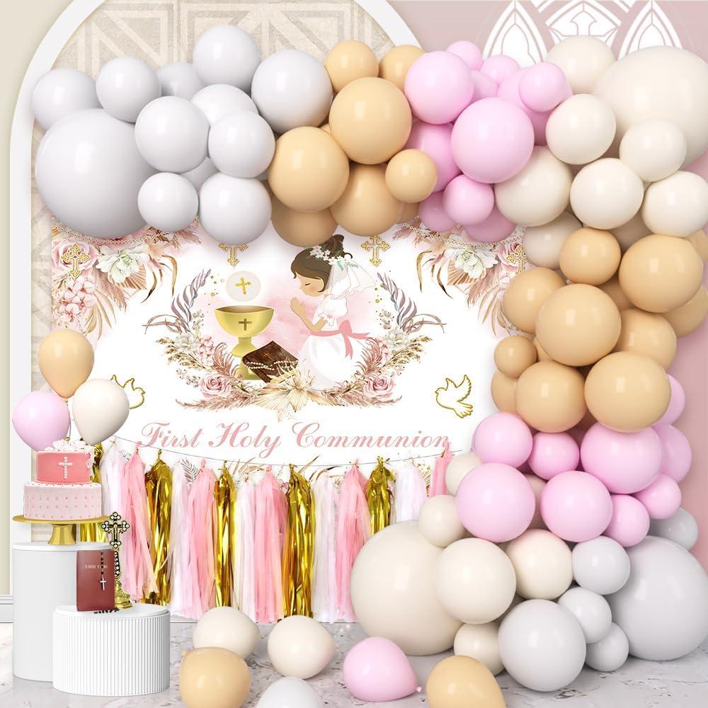 164Pcs Boho First Holy Communion Decorations for Girls, Pink Baptism Themed Balloons Set Backdrop My First Communion Decorations for God Bless Baptism Theme Party Supplies