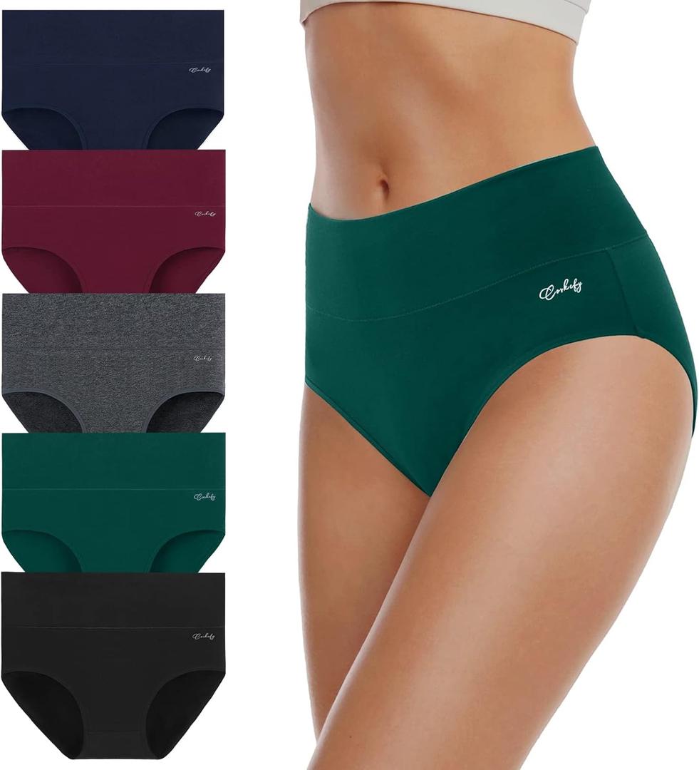 coskefy Women's High Waisted Cotton Underwear Soft Breathable Panties Stretch Briefs Ladies Panties 5 Pack, (X-Large, Multicolor)