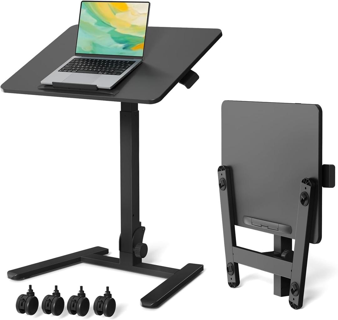 Gibbon Mounts Foldable Standing DeskSmall Mobile Sit-Stand Desk with 90 Tiltable TopRolling Rising Laptop Workstation Adjustable HeightPortable Table on Hidden Wheels/4 Lockable CastersBlack