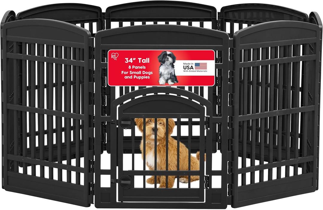 IRIS USA Dog Playpen with Door, 34 8 Panel Pet Exercise Pen Indoor Outdoor Puppy Play Pen, Portable Plastic Pet Fence for Small Medium Dogs, Foldable 63 x 63 x 34, Black