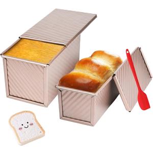 2 Pack Pullman Loaf Pan with Lid, 1 lb/0.5 lb Dough Capacity for Homemade Bread, Non-stick Corrugated Carbon Steel Bread Toast Box with Cover for Bakeware, Sandwich & Toast Oven Baking, Gold