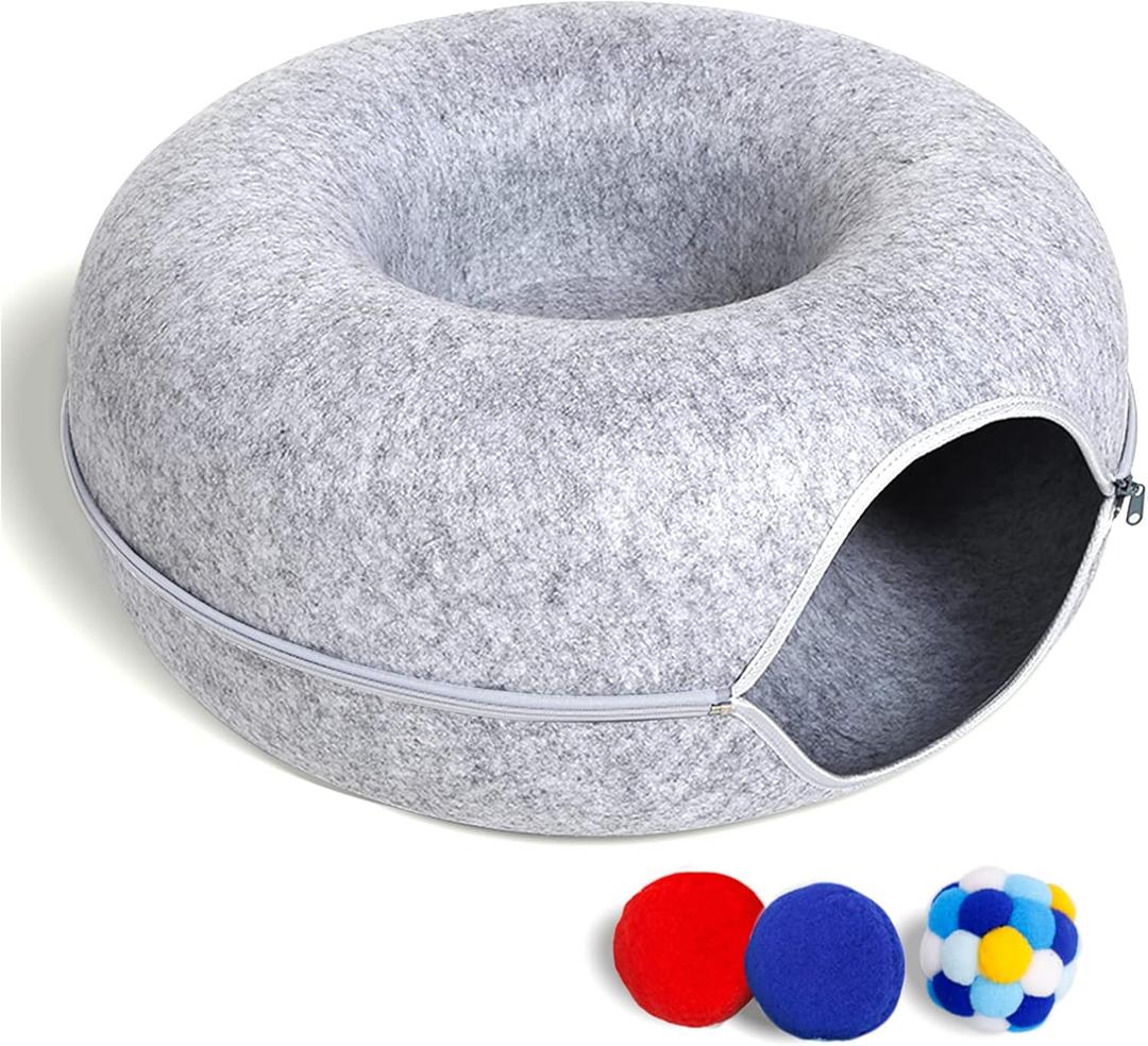 Cat Tunnel Bed for Indoor Cats with 3 Toys, Scratch Resistant Donut Cat Bed, Up to 9 Lbs (M 20x20x9, Light Grey)