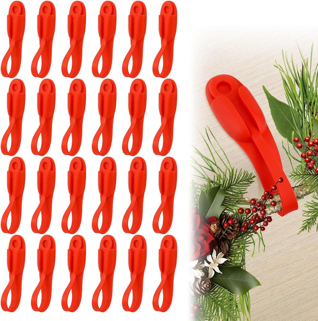 24 PCS Christmas Garland Hangers for Mantle, Fireplace Stocking and Garland Hanger, Stretchable and Reusable Silicone Adhesive Tape, Suitable for Christmas Door Frame, Staircase Decoration (24) Red