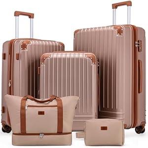 KUNEL Expandable 5 Piece Luggage Sets with Detachable Spinner Wheels and TSA Lock, Unisex Hardside ABS Suitcase Set, Hardshell Lightweight Waterproof Travel Hard Case Suitcases with Wheels, Rosegold