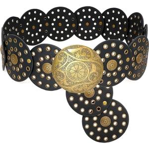 Ssumday Western Leather Belts for Woman Concho Cowgirl Cowboy Disc Belt for Ladies Wide Boho Country Waist Belts for Dress (S Fit Waist Size Below 39", Black(bronze Buckle))