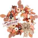 Fall Wreaths for Front Door Outside Decor, 20" Pastel Orange Flower Leaves Pumpkin Pink Wreath Decorations with Bow and Hanging Sign for Thanksgiving Home Outdoor Indoor Porch Harvest Autumn