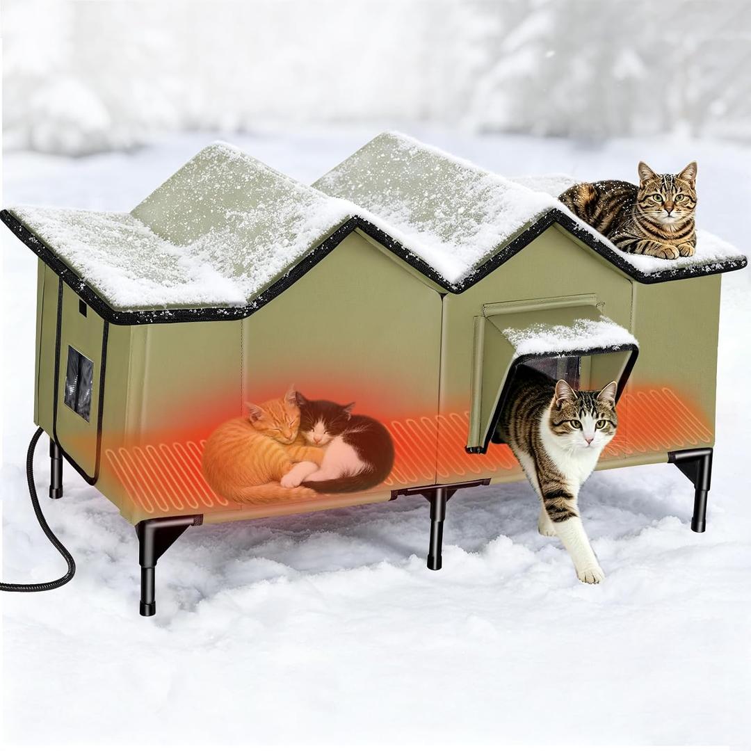 Extra Large Heated Outdoor Cat House for Feral & Stray Cats, Weatherproof Insulated Cat Shelter for Multiple Outdoor Cats, Sturdy Winter Cat House with Escape Door and Heating Pad (Green)