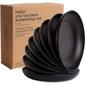 Nook Theory Reusable Wheat Straw Plates 8 Pcs - Non Toxic Kids and Toddler Plate, Microwavable, Dishwasher Safe and Unbreakable Dinnerware (Noir 9")
