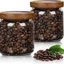 2PCS Small Glass Storage Jars with Airtight Lids, 17 fl oz (500ml) coffee container with Wooden Lid, Glass Pantry Canister for Beans, Rice, Sugar and etc