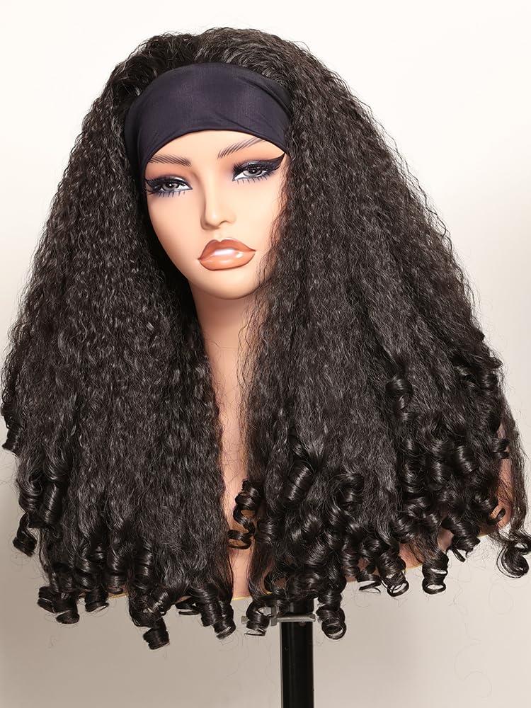 New Afro Curly Headband Wig Synthetic Braided Hair Texture with Unique Bouncy Curls in the End 20 Inch Soft Curly Headband Wigs for Black Women Dark Brown Blend Kinky 4C Hair