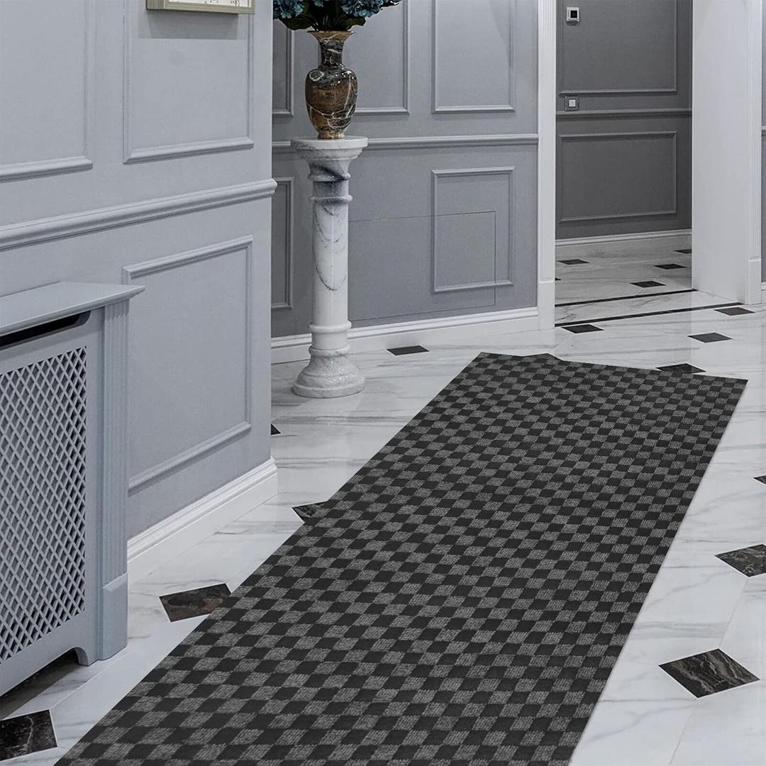 FREADEM Runner Rugs 2' x 6' Indoor Outdoor Carpet Runner, Area Rugs with Anti-Slip Rubber Backing for Aisle Hallway Balcony Garage Entryway Stair, Grey Checkered