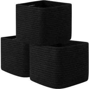 OIAHOMY 9x9x7 Storage Cubes, Cotton Rope Woven Baskets for Organizing, Cube Storage Bin, Small Gift Basket for Shelf, 3-Pack, Black