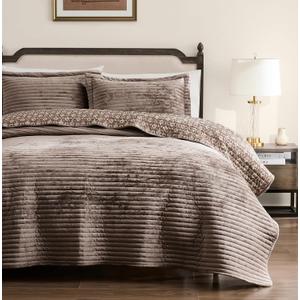 WDCOZY Velvet Queen Size Quilt Set - Beige Striped Soft Lightweight Bedspread, Tan Neutral Channel Farmhouse Country Rustic Coverlet, Taupe Camel Modern Bedding Kakhi Warm Thin Comforter, 3 Pieces