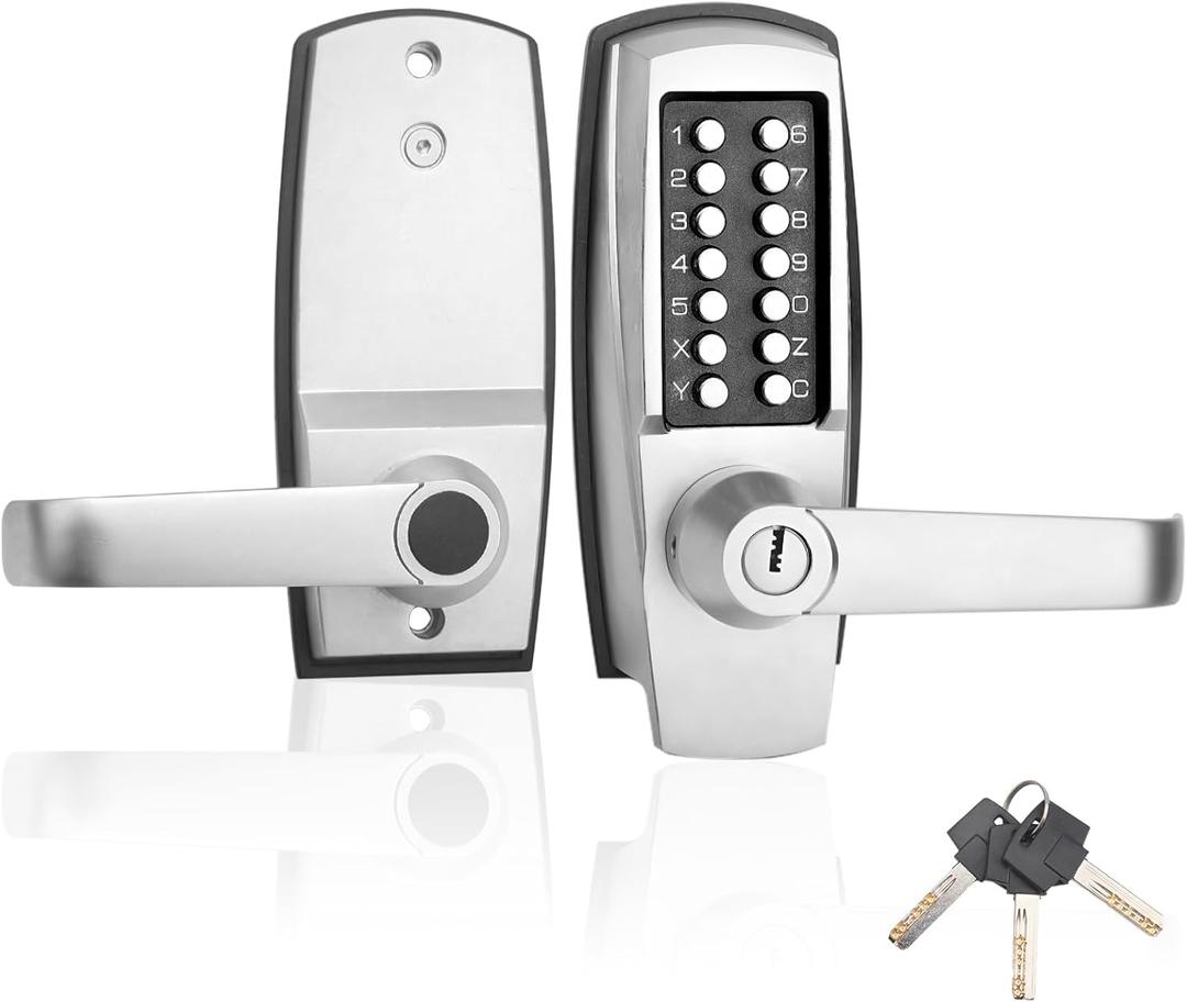 Keyless Entry Door Lock with Handle - Mechanical Door Lock 100% Without Batteries - Easy to Install & Use - Keypad Lock on Zinc-Alloy, Water and Sun Proof for Indoor or Outdoor (Stainless Steel Color)