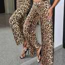 Women Long Straight Pants Casual Elastic Waist Sequins Cute Women's Trouser Comfy Bottoms leopard print (XL)
