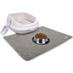 Cat Open Top Litter Box with Lid, Litter Mat, Poop Lifter Scoop & Kitten Kitty Stainless Steel Feeding Dish Bowl, Starter Kit 4 Pack for Small cat Within 5 Months (Grey-One Entry)