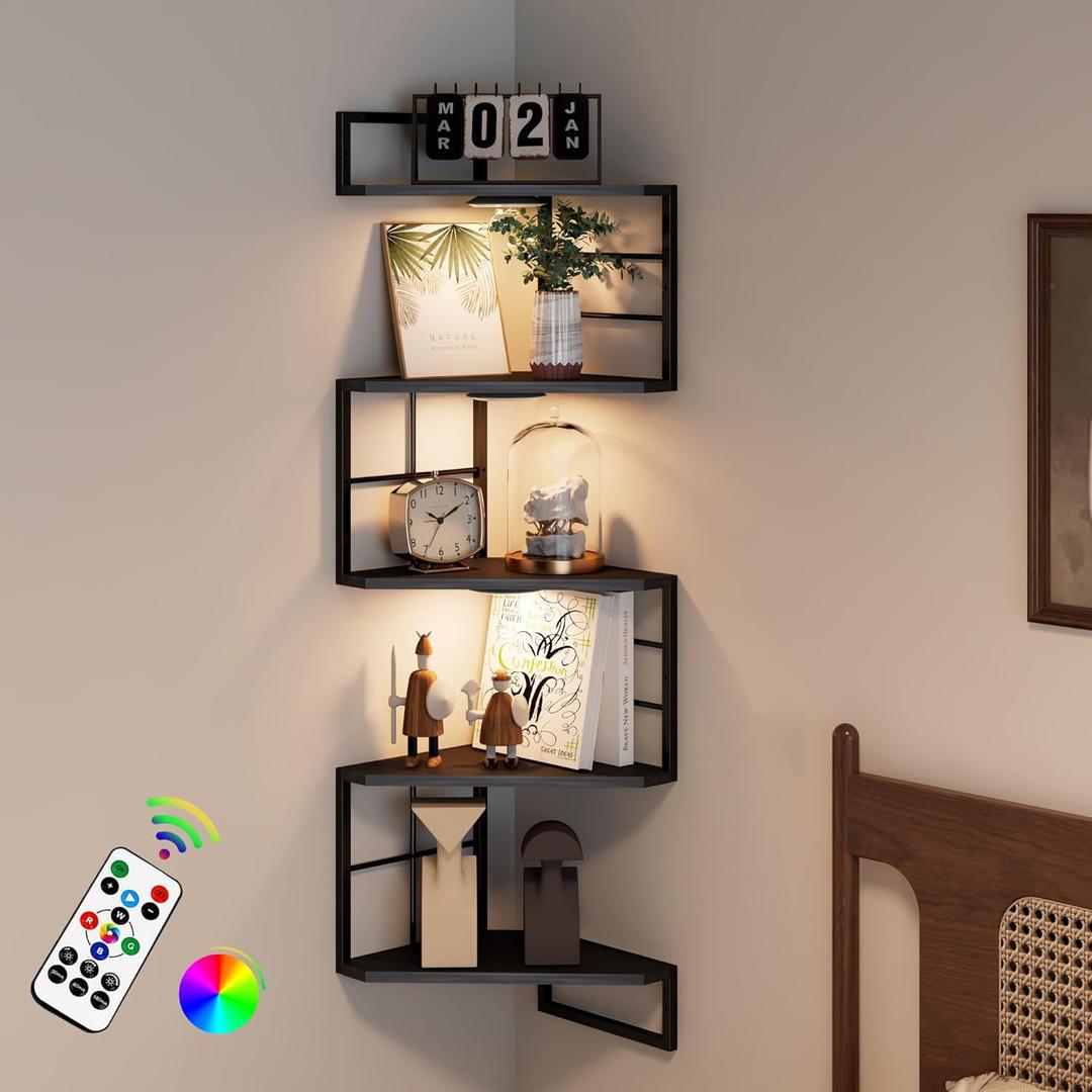 Floating Corner Shelves with Light - 5 Tiers Metal Corner Shelf Wall Mounted for Bedroom Living Room Office Kitchen, Easy-to-Assemble Corner Wall Shelves, Black