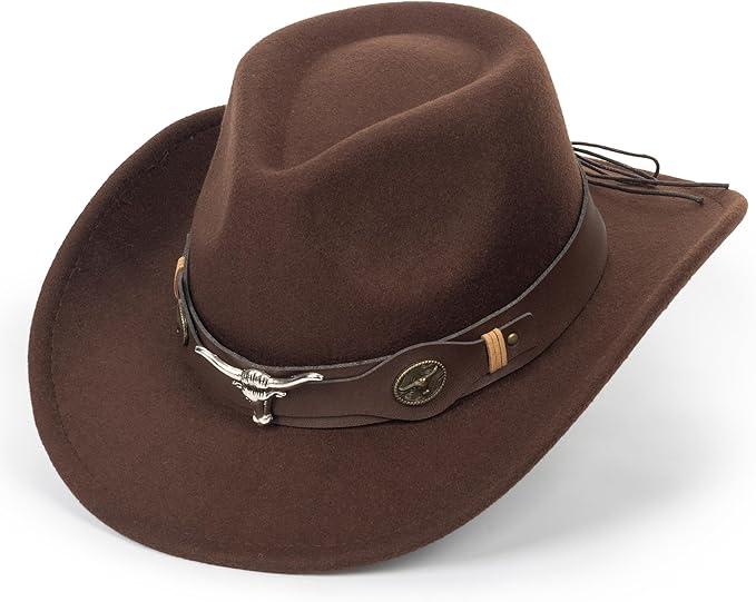 Felt Fedora Western Cowboy Hat for Women Men
Removable Longhorn Bull Buckle Band, Cotton Poly Blend, Roll Sun Wide Brim, Sweatband, Adjustable, Rodeo Cowgirl Wear