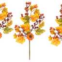 Admired By Nature Artificial Autumn Flowers 20" Faux Spray with Mini Pumpkins, Fruit & Berries - for Home Holiday Fall Decor, Thanksgiving Floral Arrangement Decorations - Gold Green Set of 3
