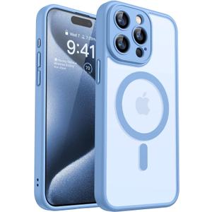 Magnetic Compatible with iPhone 15 Pro Max Case, Upgraded [Full Camera Protection] [Compatible with Magsafe] [Translucent Matte] Shockproof Protective Phone Case Cover 6.7 Inch - Light Blue