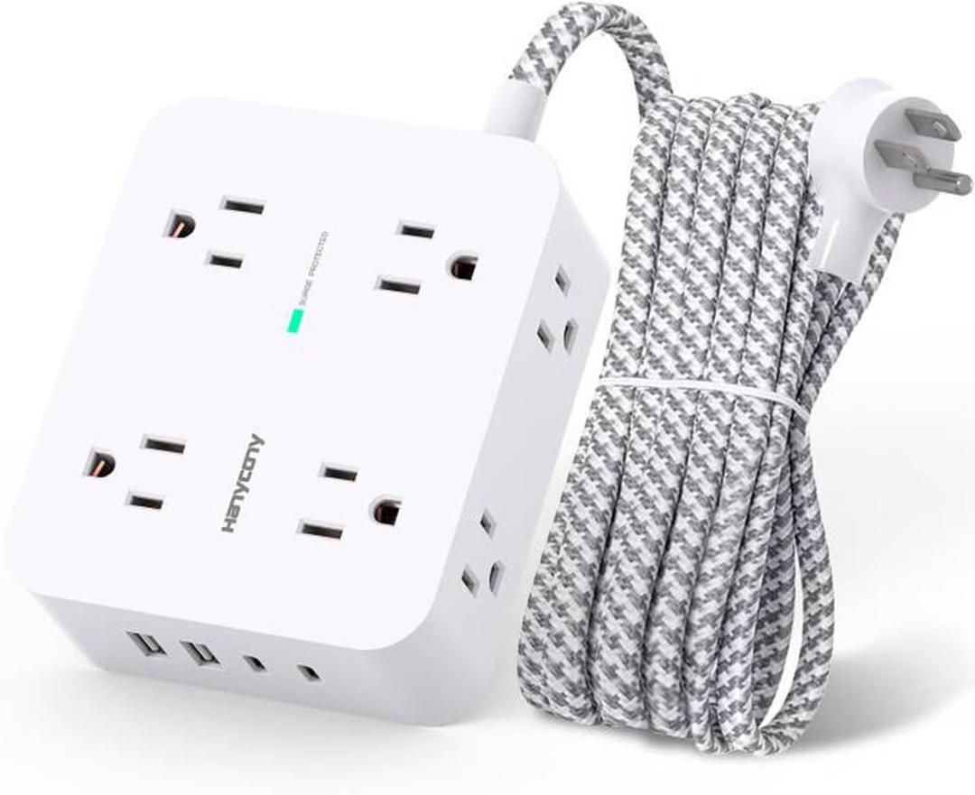 Surge Protector Power Strip - HANYCONY 8 Outlets 4 USB (2 USB C) Charging Ports, Multi Plug Outlet Extender, 5Ft Braided Extension Cord, Flat Plug Wall Mount Desk Charging Station for Home Office ETL (5Ft, White)