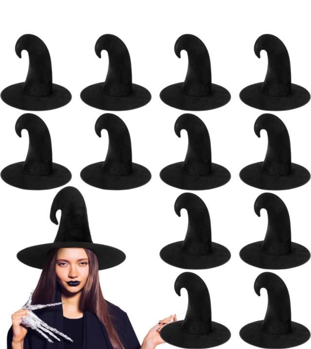 Mepase 12 Pcs Halloween Witch Hat Satin Soft Wizard Hat Witch Accessories Men Women's Black Costume Headwear Crooked Witch Hats for Adult Masquerade Cosplay Party