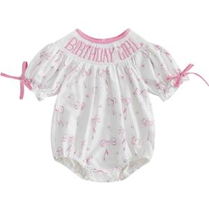 Bagilaanoe Baby Girl First Birthday Outfit Clothes Bow Print Birthday Girl Smocked Short Sleeve Romper Bodysuit Jumpsuit Top