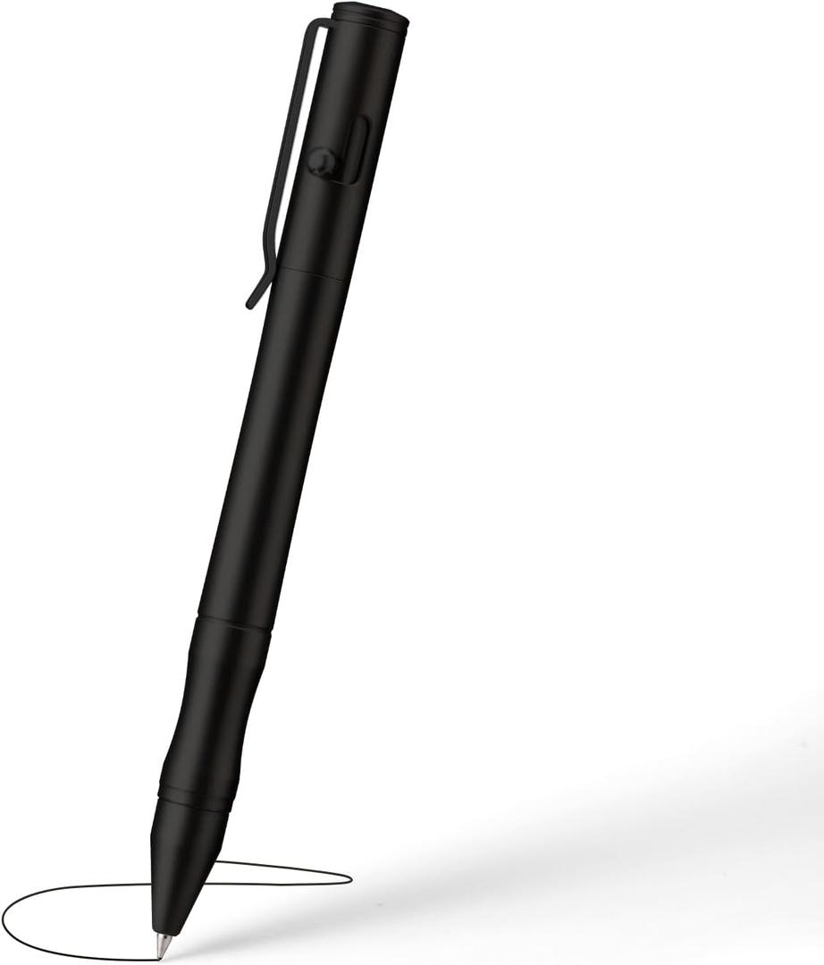 Origin-Joy 1 Pack Stainless Steel Bolt Action Pen Set, Heavy Duty EDC Pocket Gel Tactical Pen With 4 Ballpoint Refills (Black Sandblasting)
